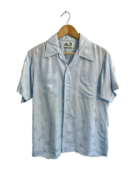 1960s Light Blue Flocked Rayon Chinese Import Loop Collar PJ Shirt