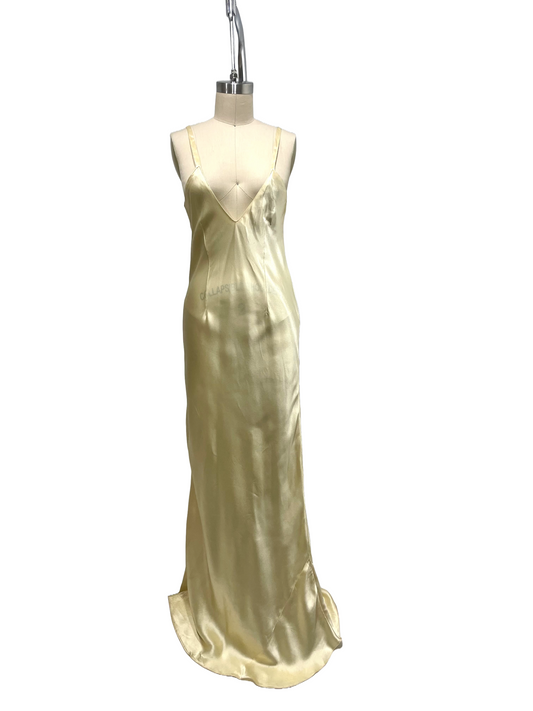 1930s Buttermilk Silk Satin Bias-Cut Shoulder-Baring Gown