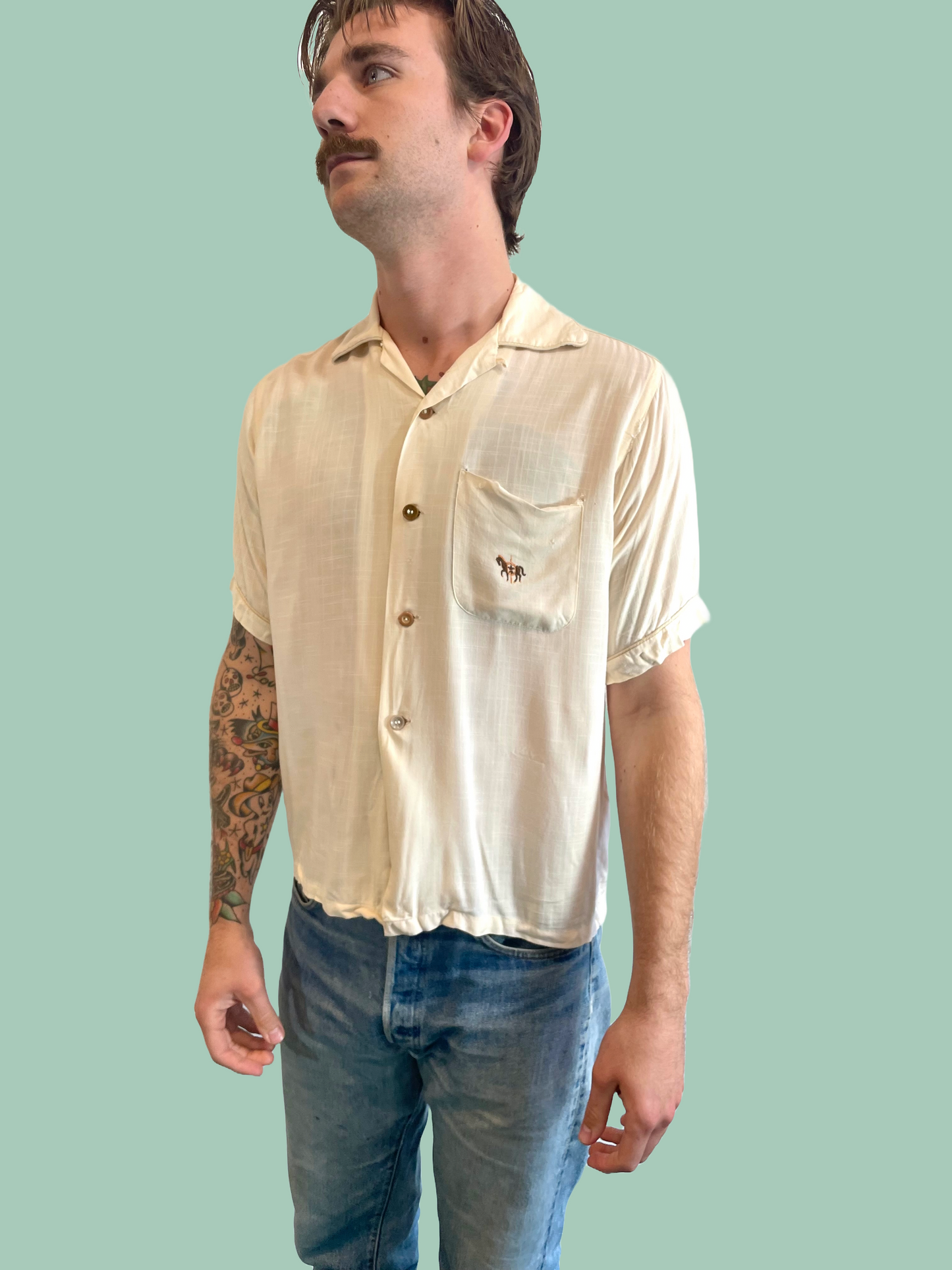 1950s Cream Rayon Loop Collar Equine Emblem Shirt