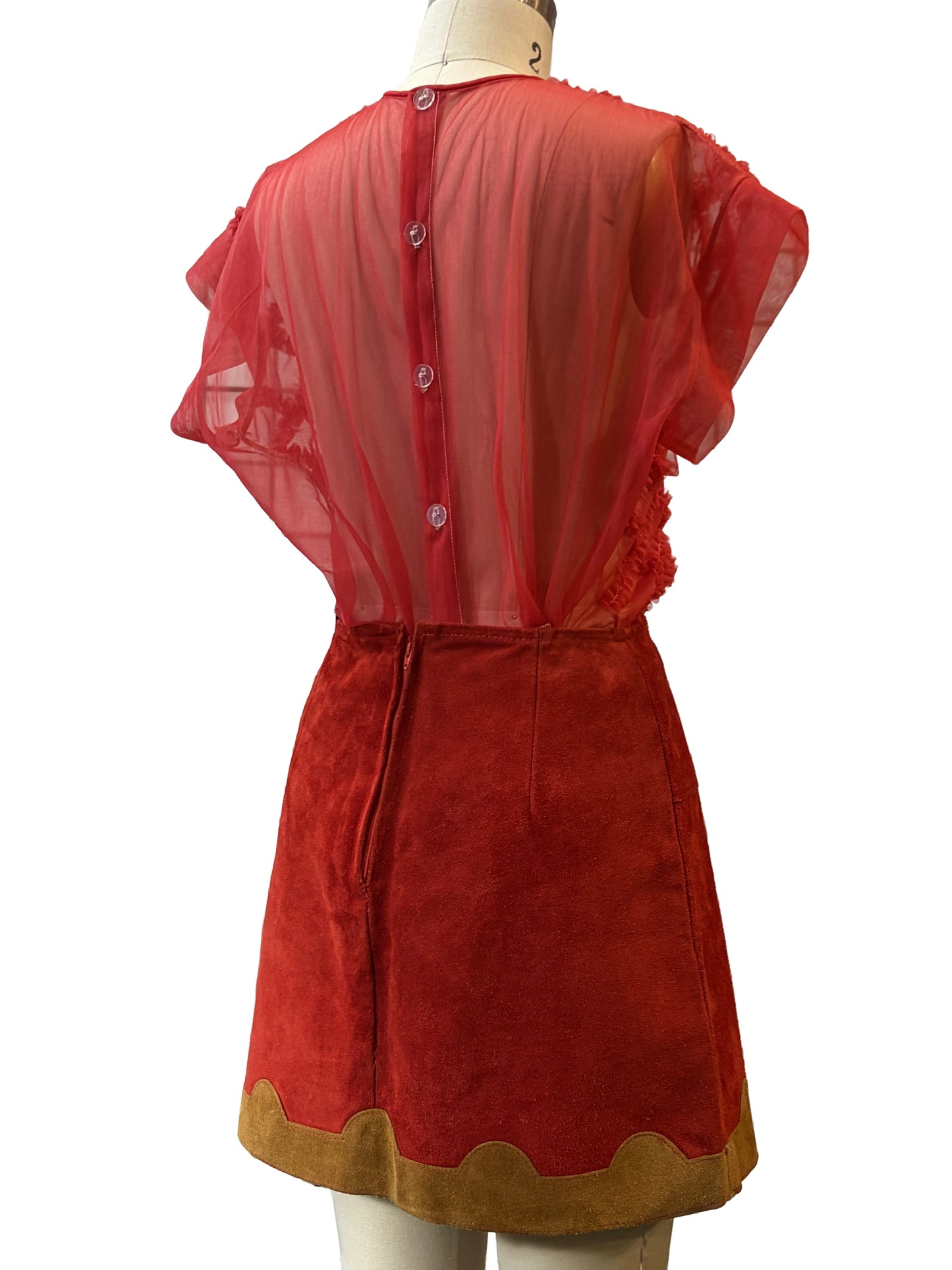 1960s Red Ruched Crosshatch Sheer Nylon Top