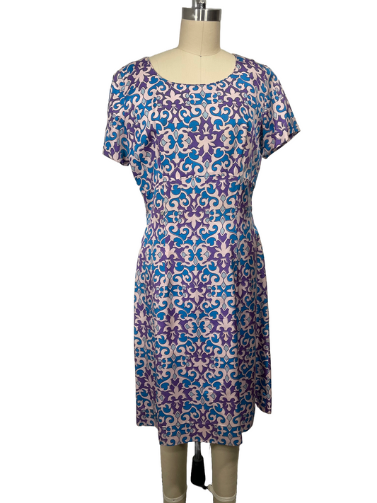 1960s Purple Printed Silk Wiggle Dress