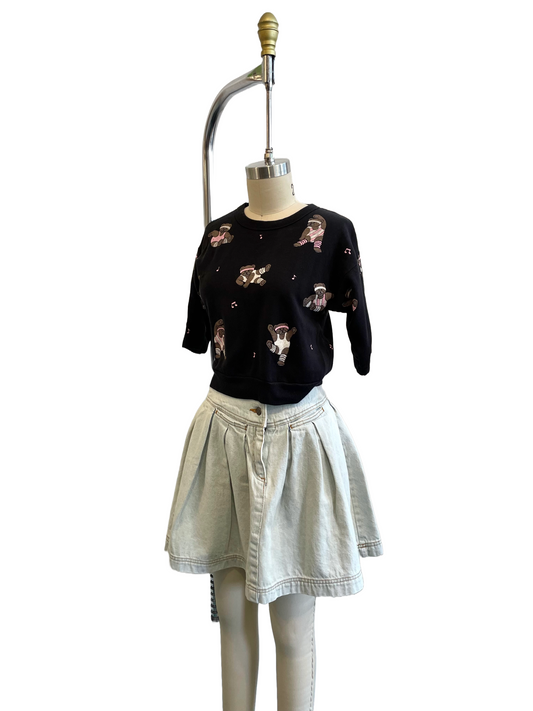1980s Black Aerobics Bear Print Cropped Sweatshirt