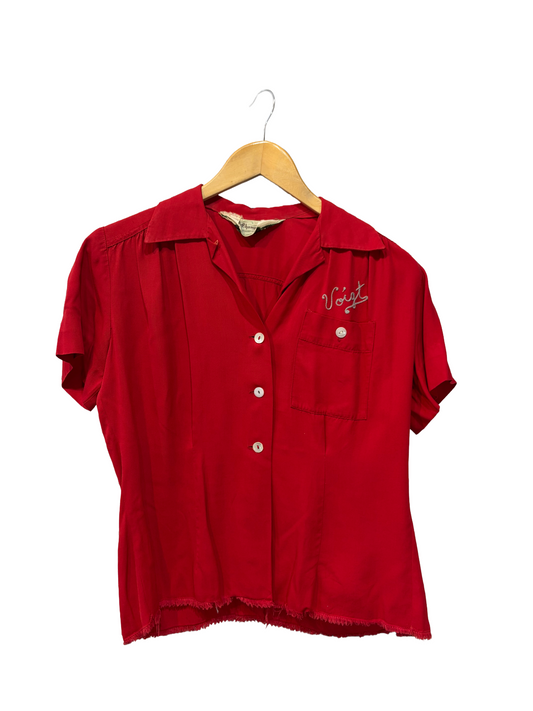 1940s Red Rayon Pintuck Chainstitch ‘Voight’ Uniform Blouse