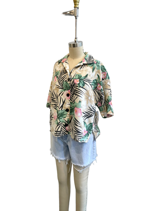 1980s Tan Tropical Cropped Blouse