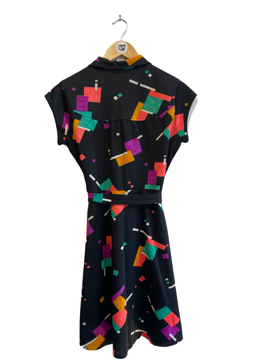 1970s Geometric Poly Belted Fit and Flare Dress