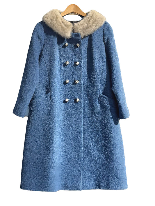1960s Blue Boucle Fur Accent Classic Coat