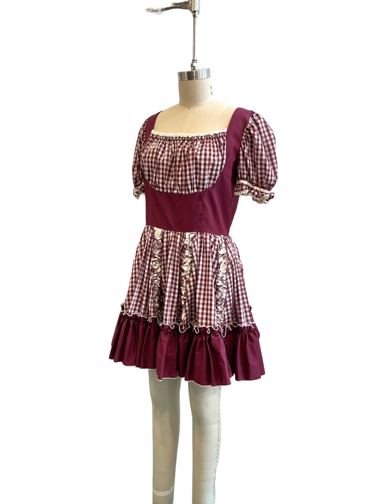 1970s Maroon Check Milkmaid Square Dance Mini Dress
