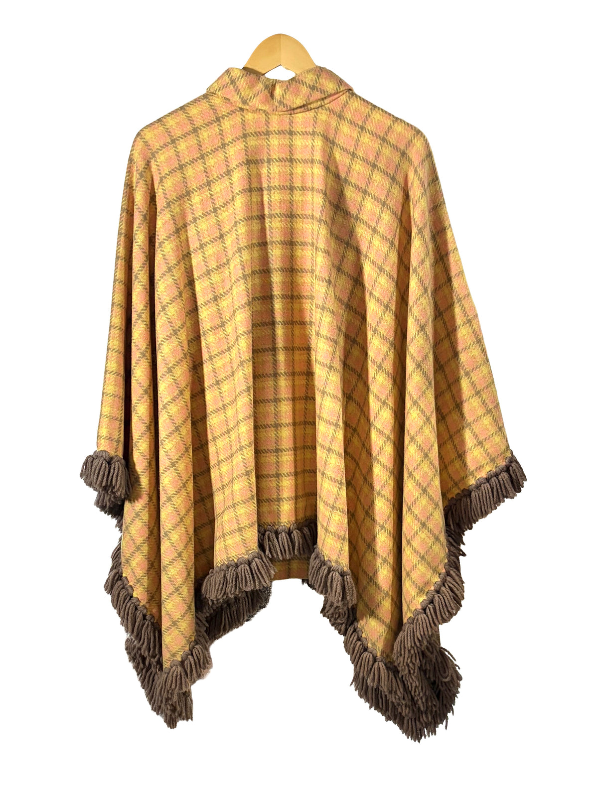 1960s Pink Sugar Cookie Plaid Wool Fringe Poncho Skirt Set