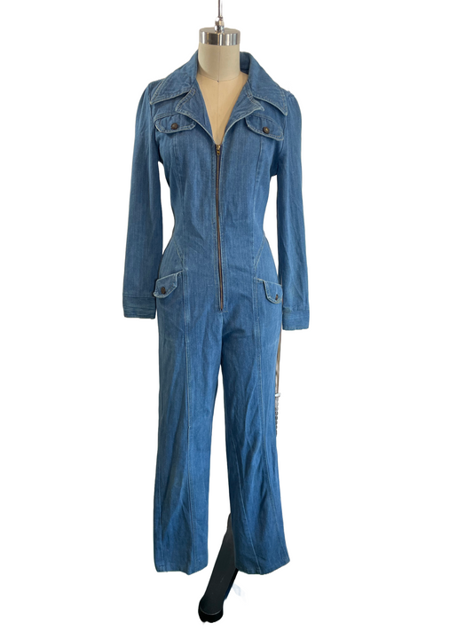 1970s Medium Wash Bicentennial Button O-Ring Denim Jumpsuit