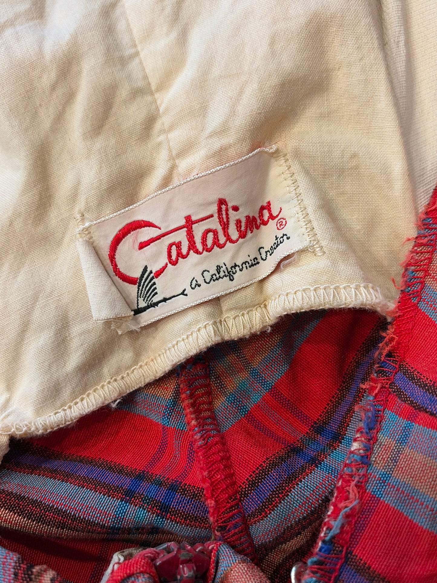 1950s Red Madras Catalina Halter Strap Zip Back Swimsuit