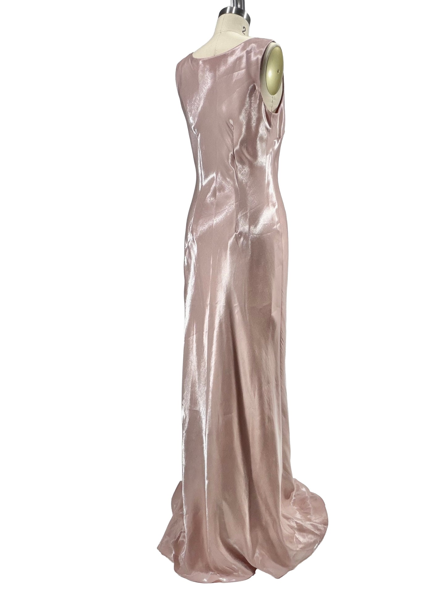 1990s Blush Pink Metallic Effect Bias Cut V-Neck Gown