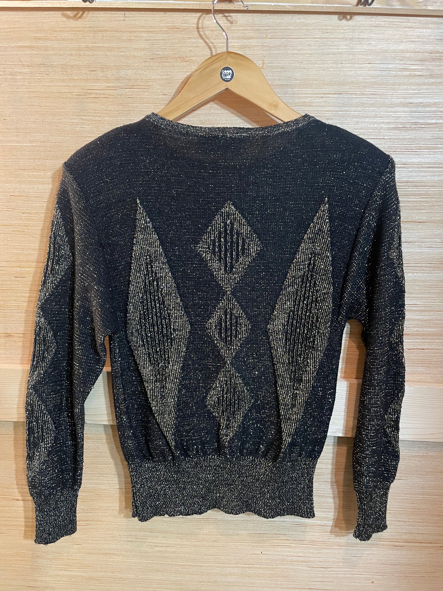 1970s Black Gold Metallic Diamond Knit Sweater