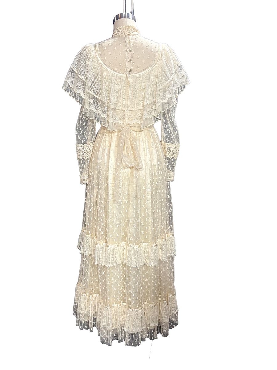 1970s White Lace Authentic Gunne Sax Bridal Collection Edwardian-Inspired Gown