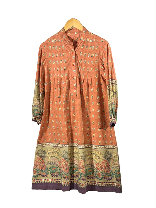 1970s Orange Floral Purple Earthy Border Print Cotton Band Collar Dress