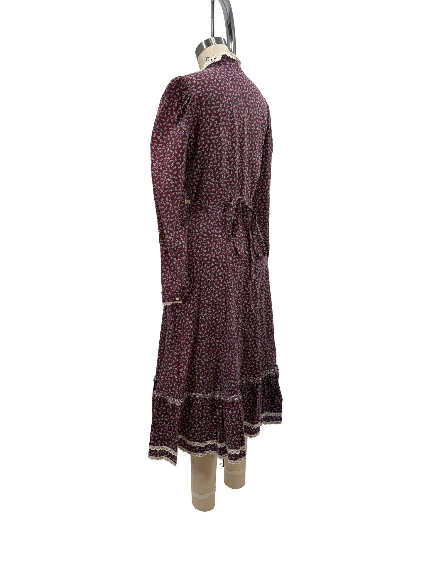 1970s Maroon Gunne Sax Ditsy Floral Tiered Cotton Prairie Dress