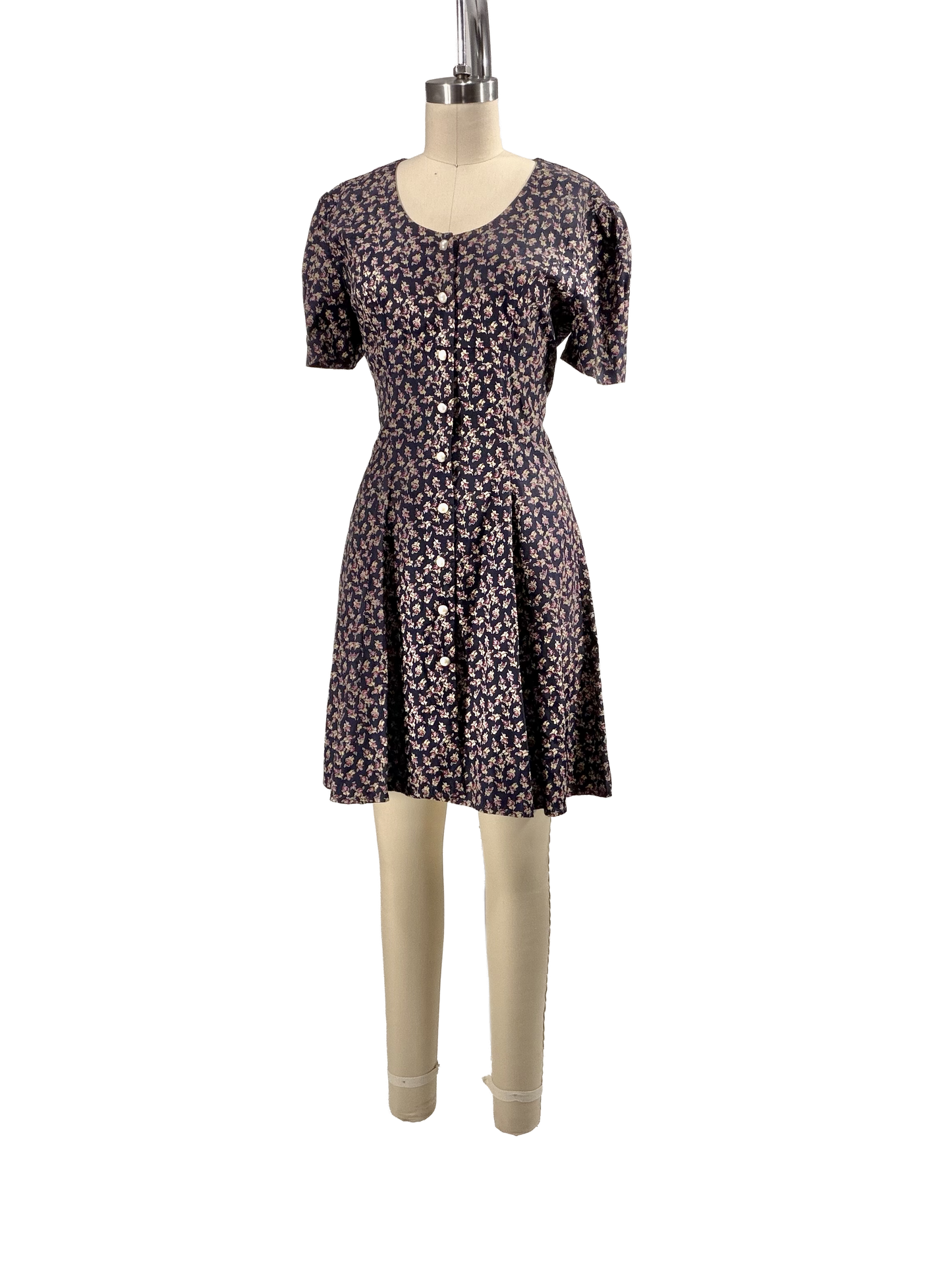 1990s Navy Floral Acetate Pearly Button Mini Dress
