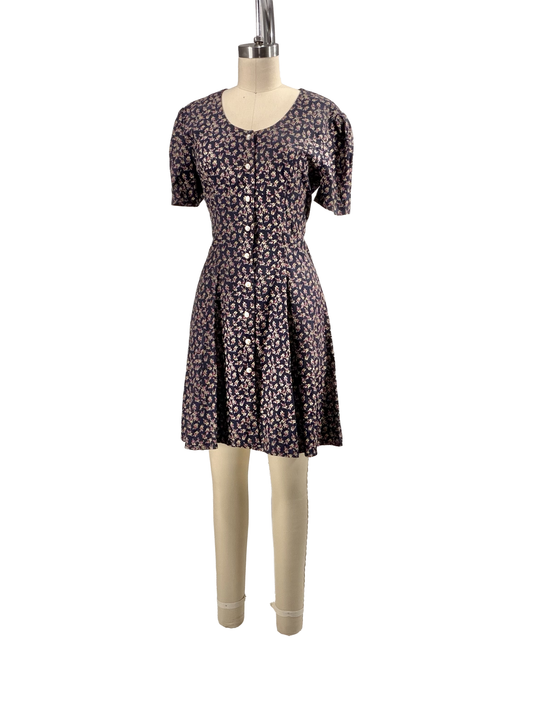 1990s Navy Floral Acetate Pearly Button Mini Dress
