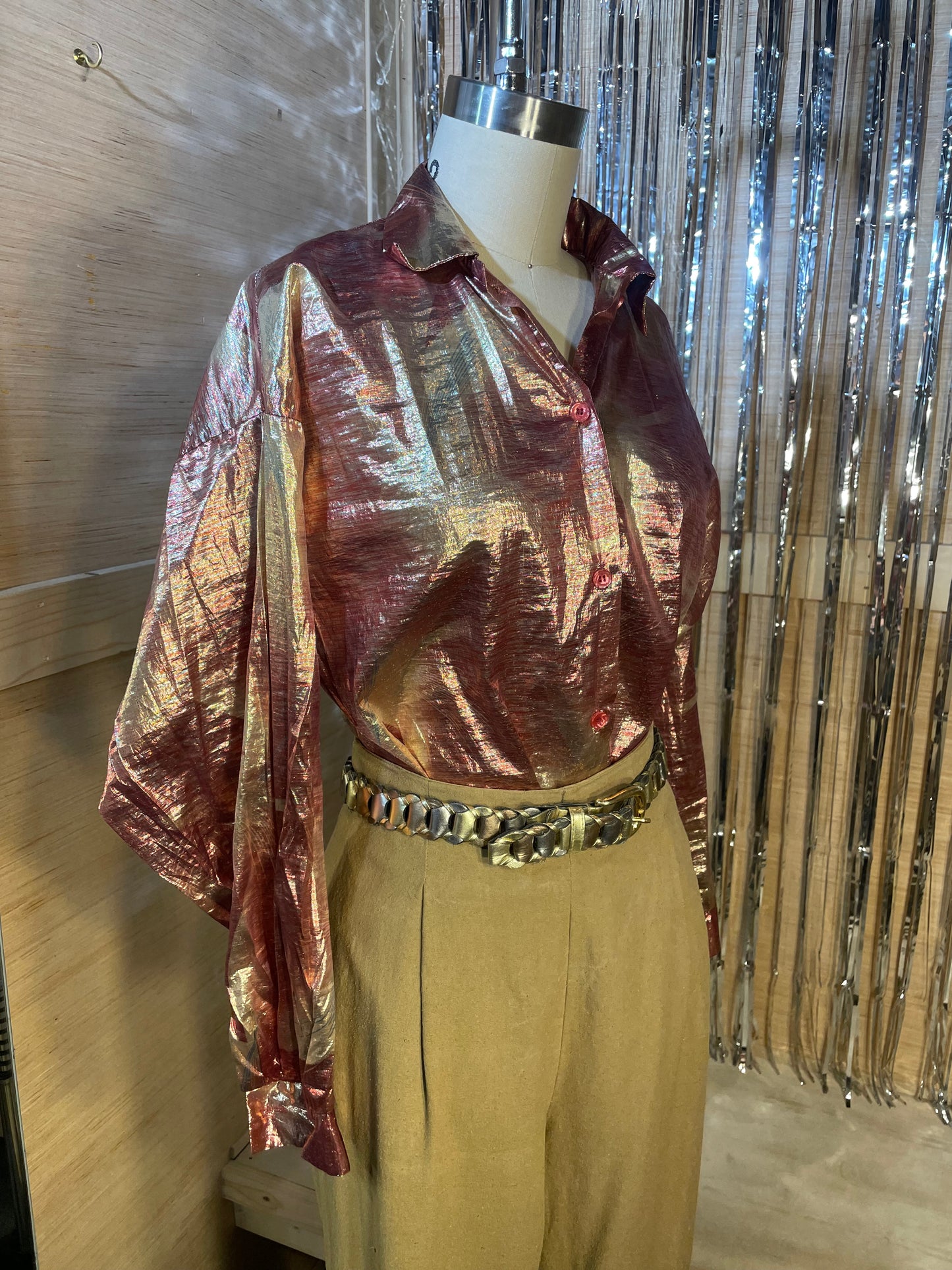 1980s Peach Gold Metallic Nylon Blouse