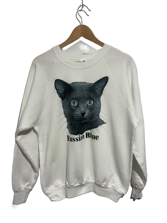 1990s White Russian Blue Cat Sweatshirt