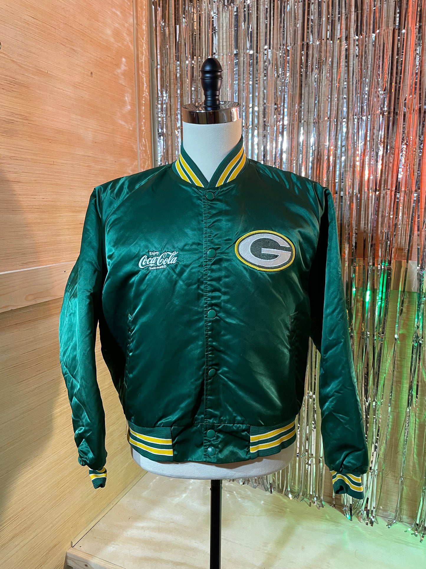 1990s Green Satin Chalkline Green Bay Packers Jacket