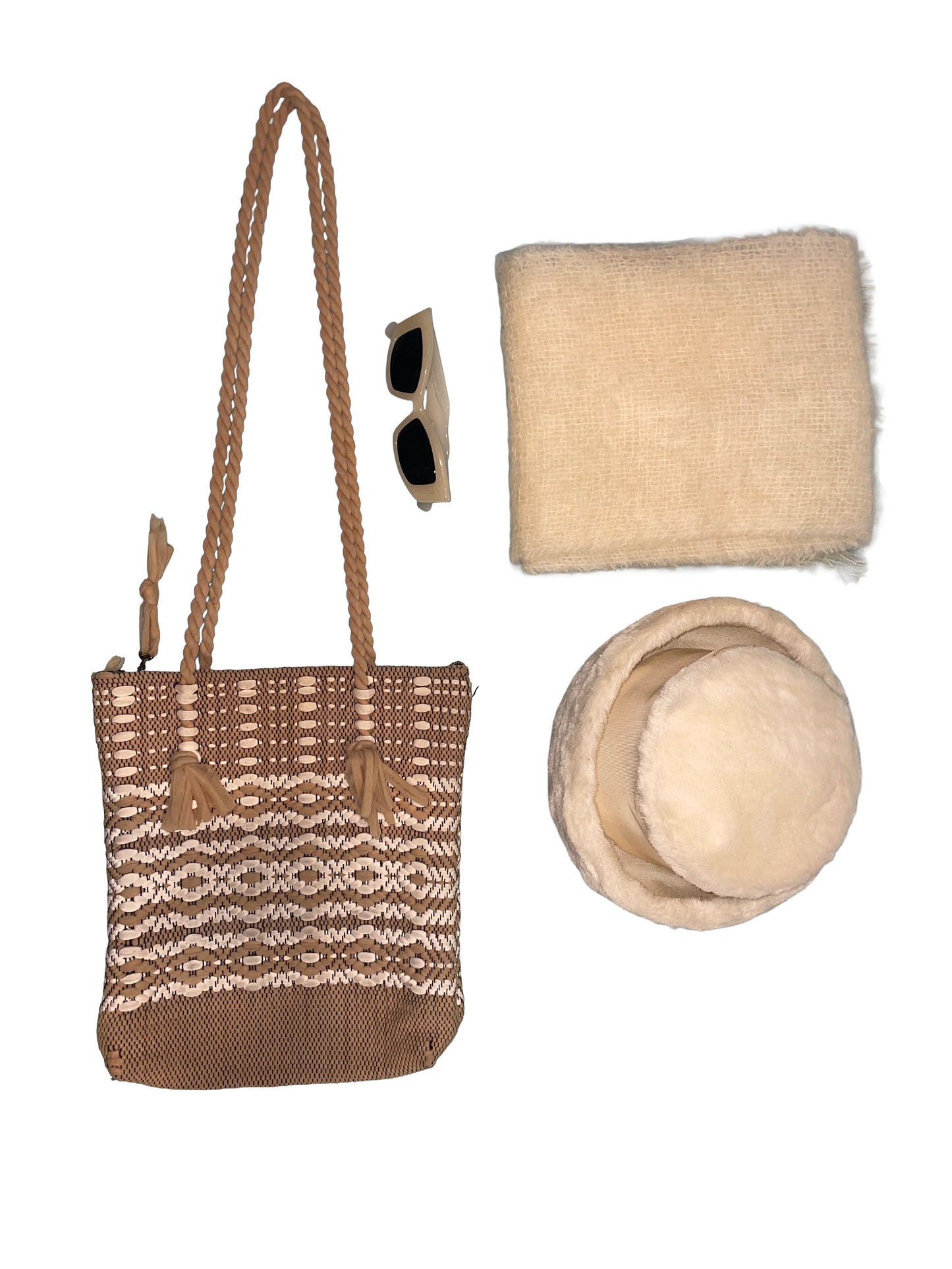 1960s Tan White Woven Rug-Style Top Zip Bag