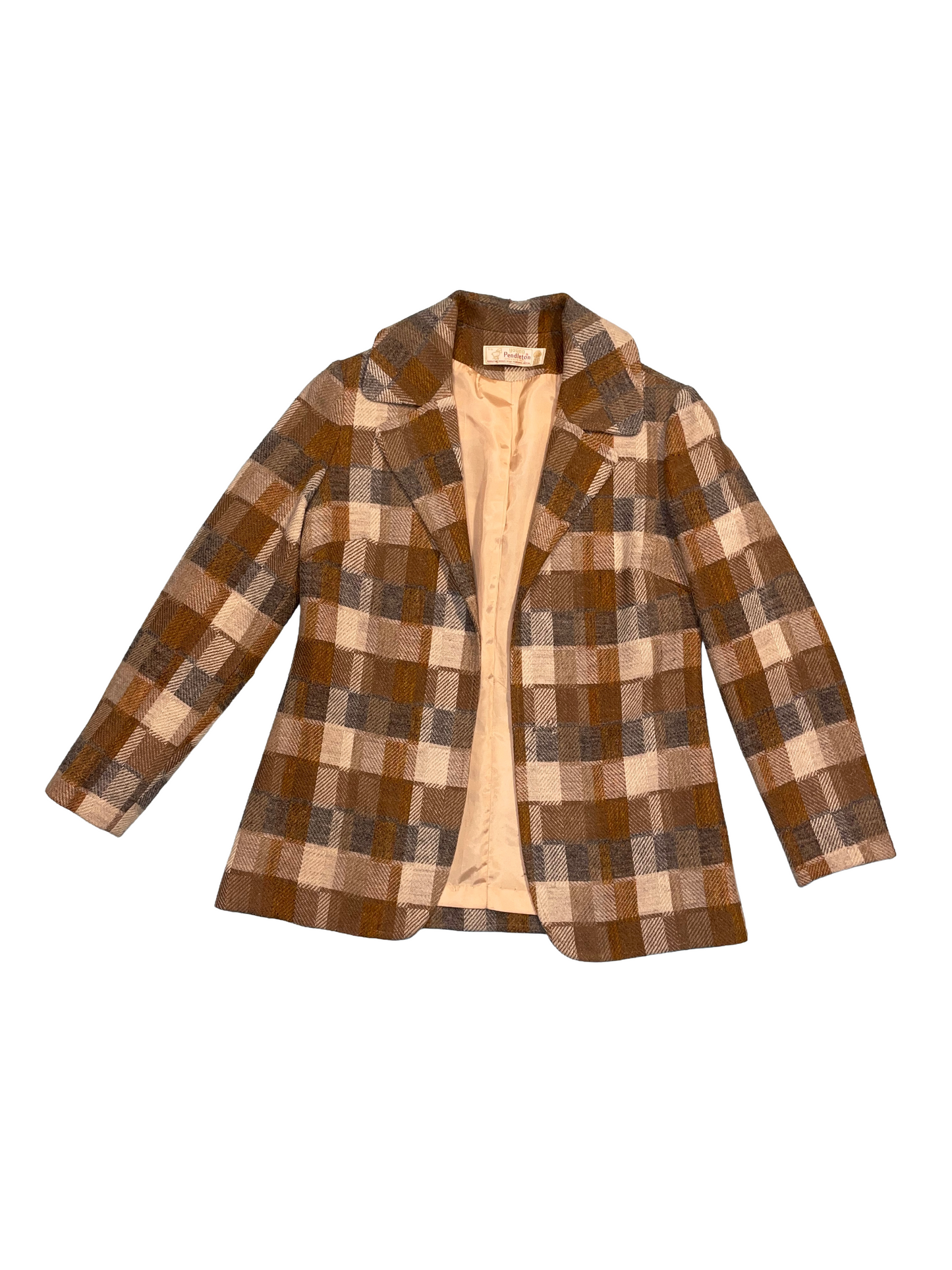 1970s Amber Grey White Check Young Pendleton Wool Open Blazer
