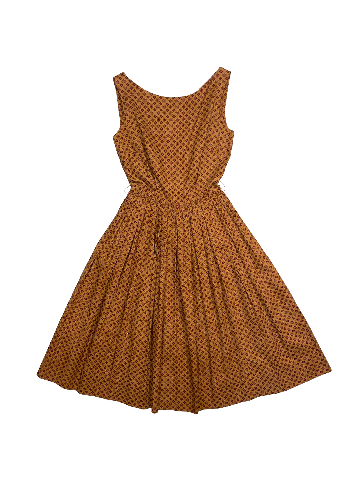 1960s Ochre Red Navy Mini Medallion Print Cotton Sleeveless Dress