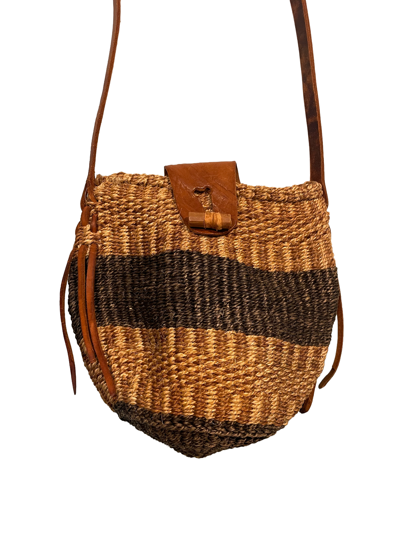 1970s Leather Green Natural Woven Sisal Bag
