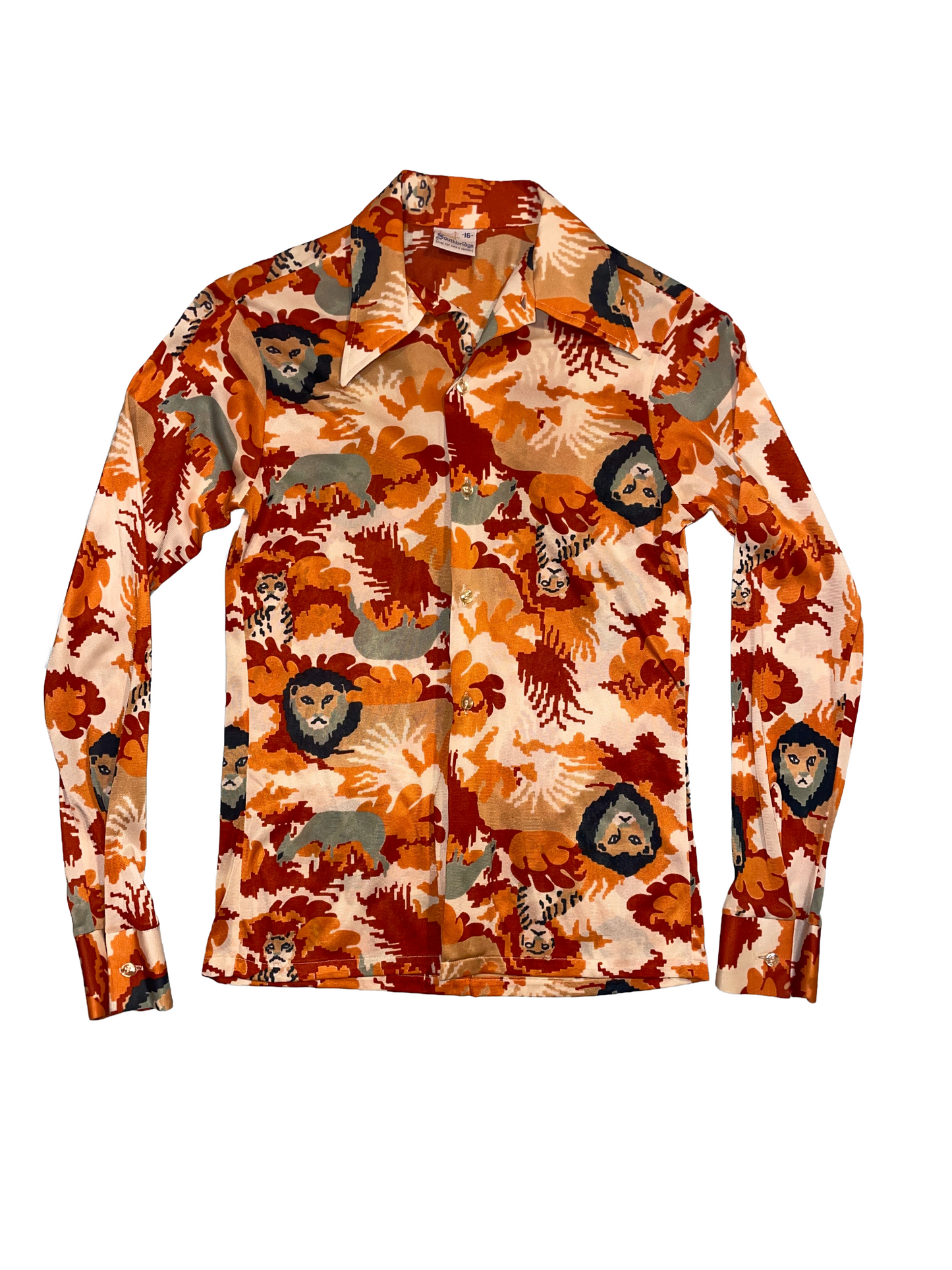 1970s Orange Red Animal Print Poly Long Sleeve Shirt