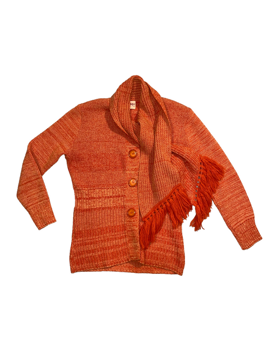 1970s Orange Marled Knit Attached Scarf Wool Cardigan