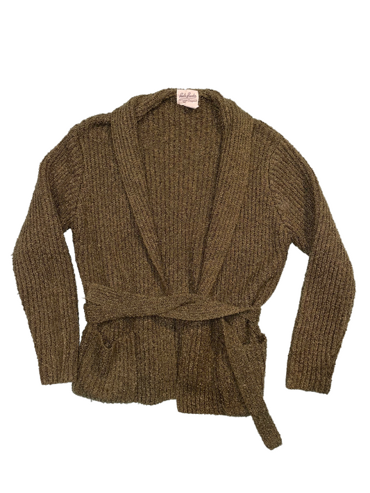 1970s Dark Olive Nubby Ribbed Open Tie Cardigan