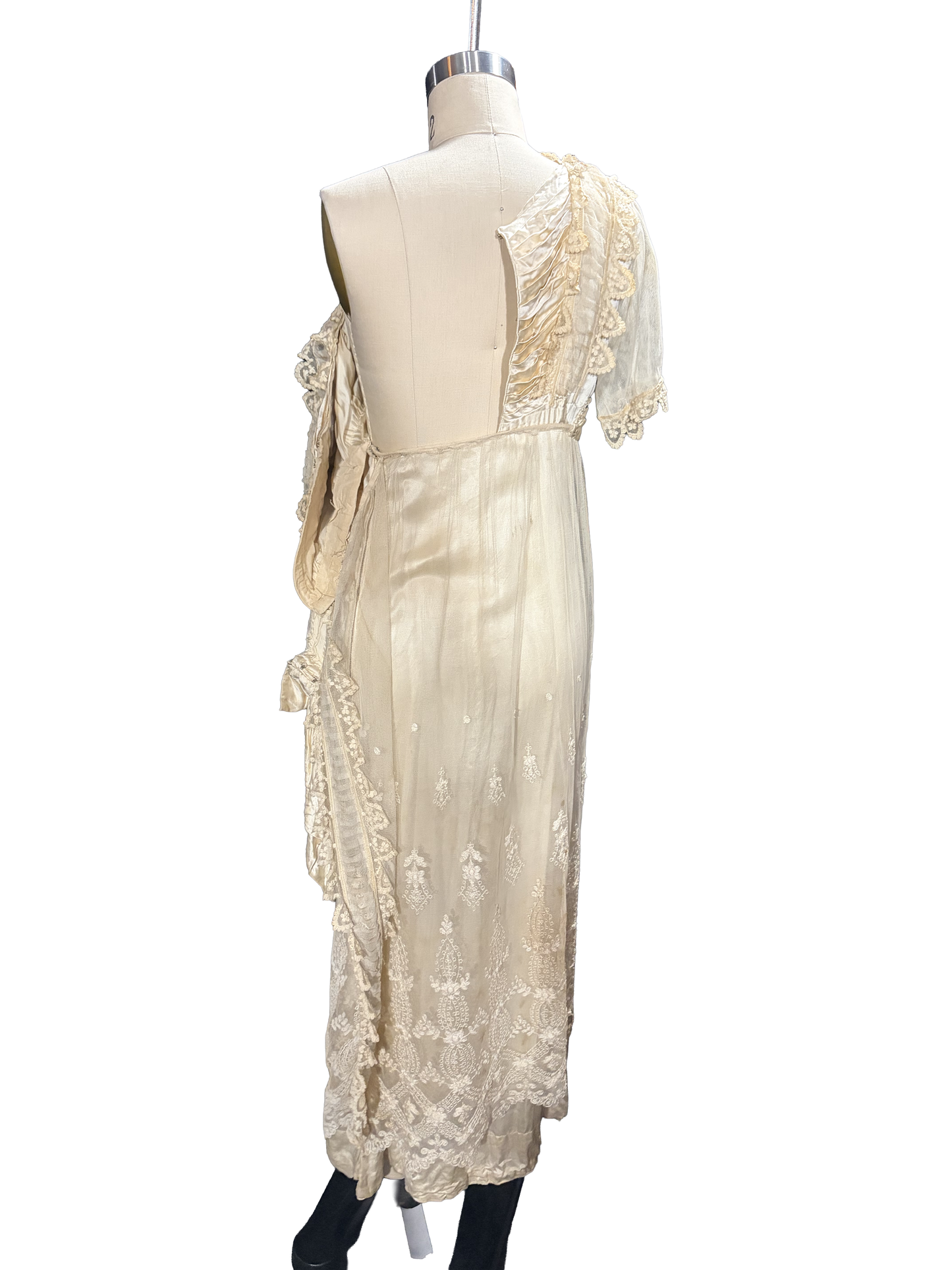 1910s Edwardian White Silk Satin English Lace Bridal Gown
