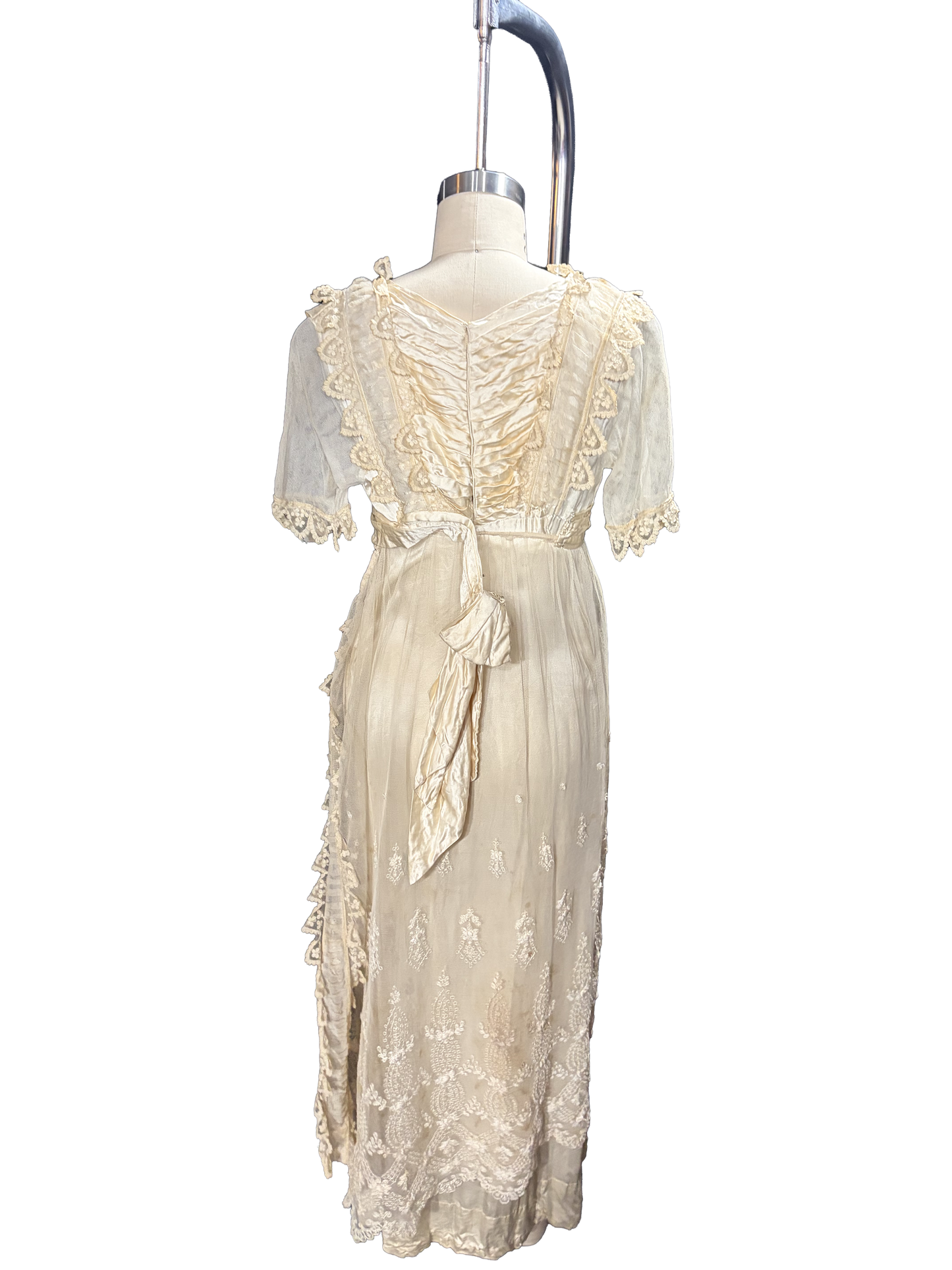 1910s Edwardian White Silk Satin English Lace Bridal Gown