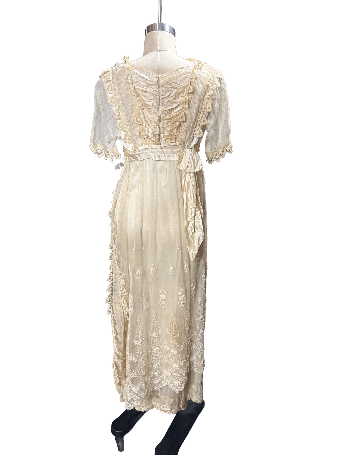 1910s Edwardian White Silk Satin English Lace Bridal Gown