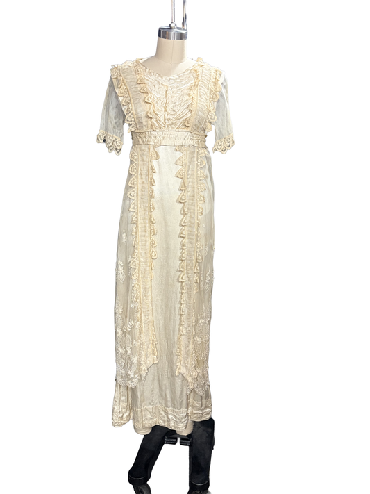 1910s Edwardian White Silk Satin English Lace Bridal Gown
