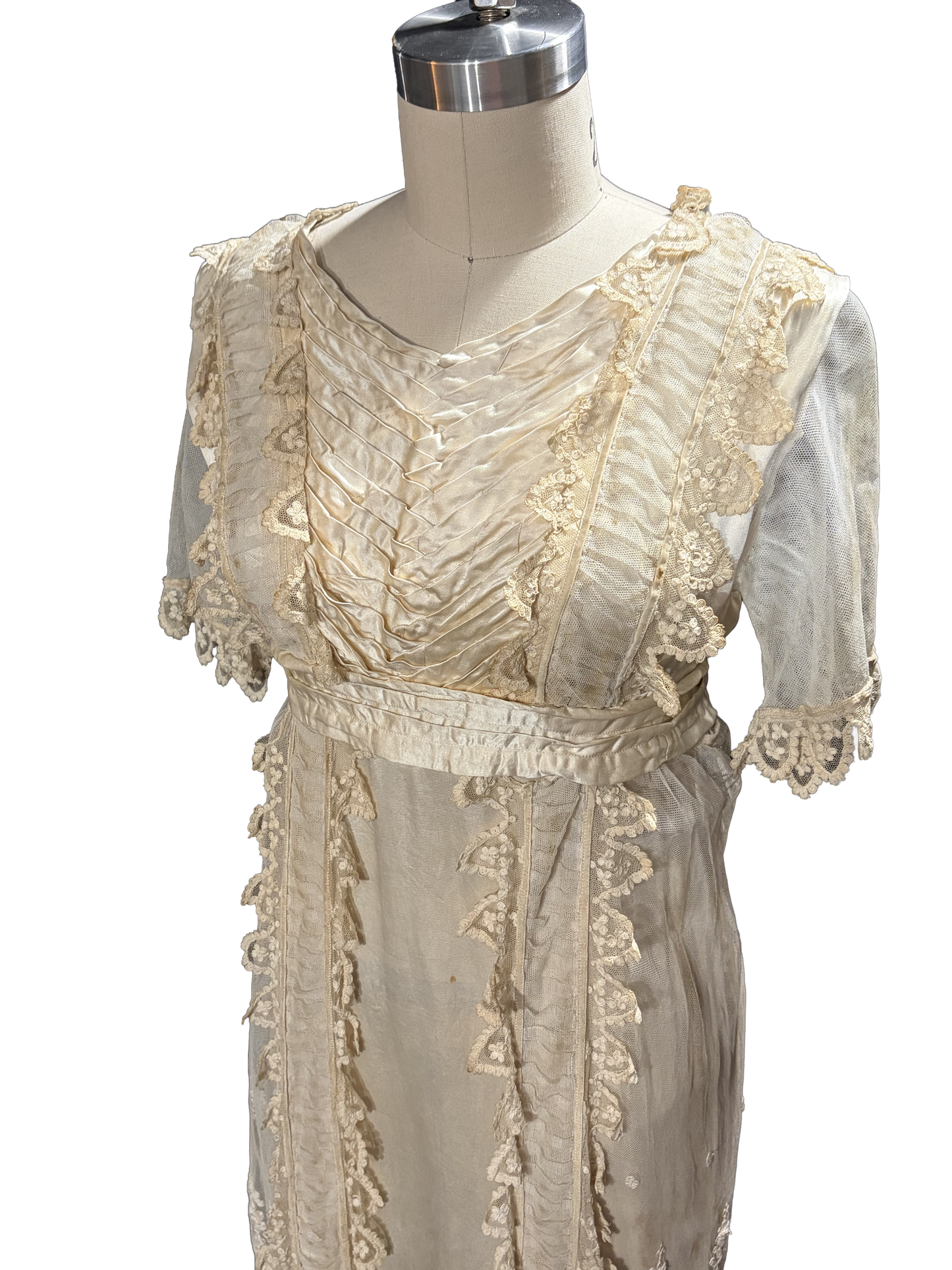 1910s Edwardian White Silk Satin English Lace Bridal Gown
