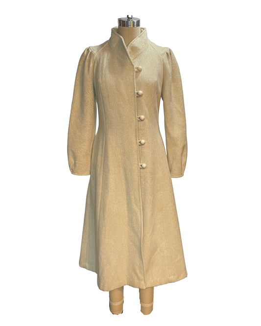 1970s Oatmeal Speckle Wooly Puff Sleeve Princess Coat