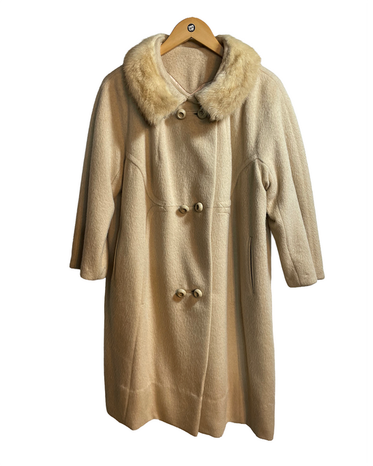 1960s Taupe Wool Mink Collar Tailored Seam Detail Double Button Swing Coat