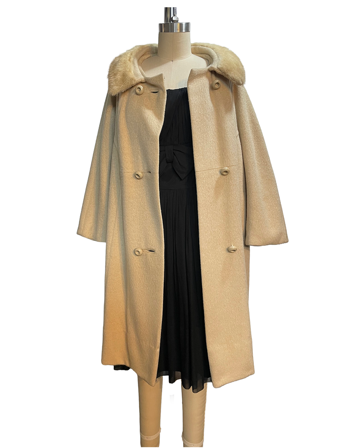 1960s Taupe Wool Mink Collar Tailored Seam Detail Double Button Swing Coat