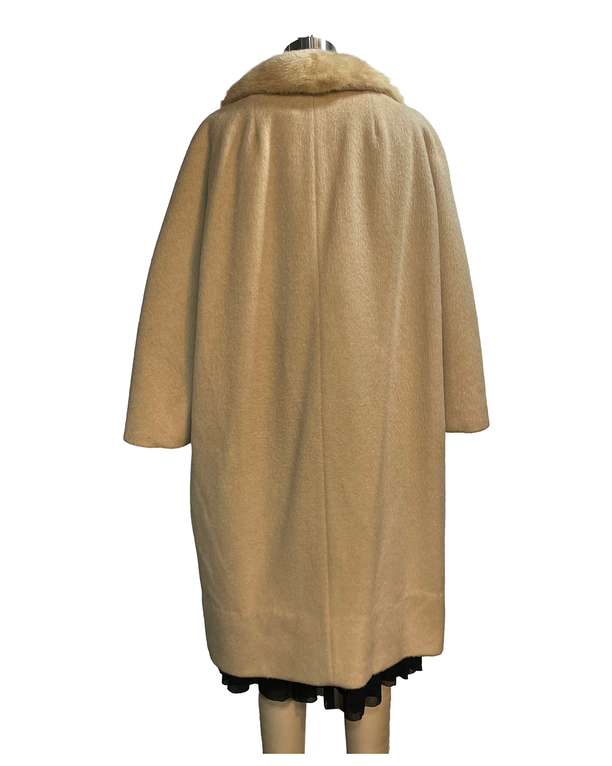 1960s Taupe Wool Mink Collar Tailored Seam Detail Double Button Swing Coat