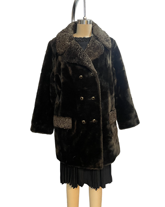 1960s Black Plush Brown Faux-Fur Collar Double-Breasted Coat