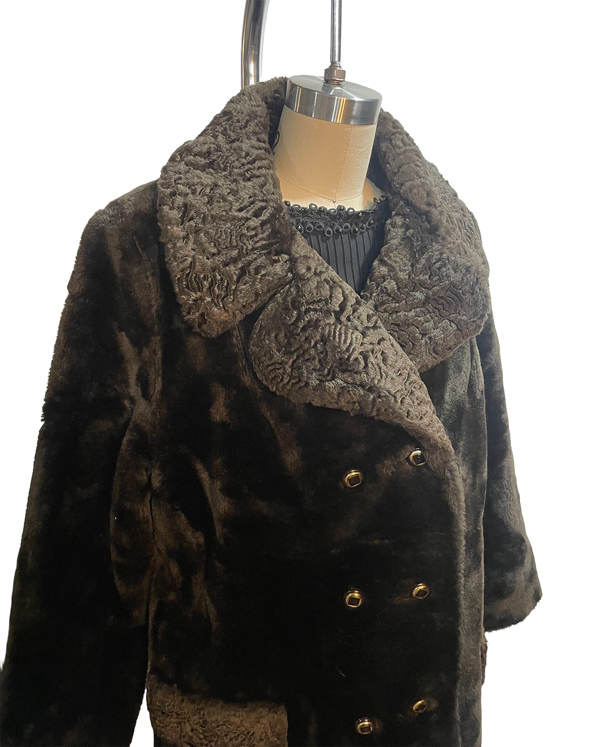 1960s Black Plush Brown Faux-Fur Collar Double-Breasted Coat