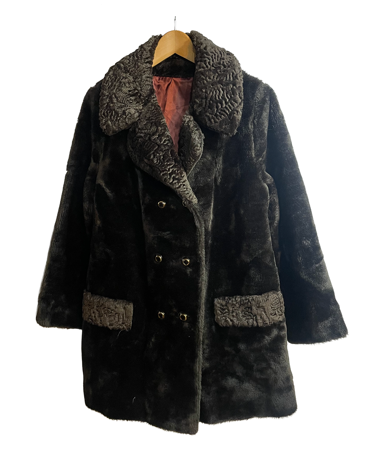 1960s Black Plush Brown Faux-Fur Collar Double-Breasted Coat