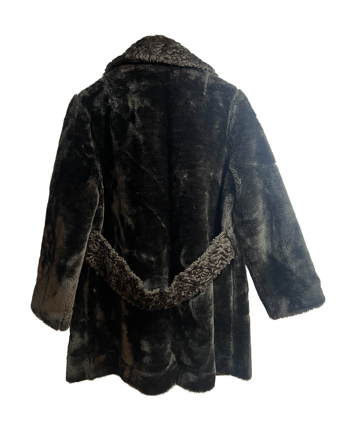 1960s Black Plush Brown Faux-Fur Collar Double-Breasted Coat