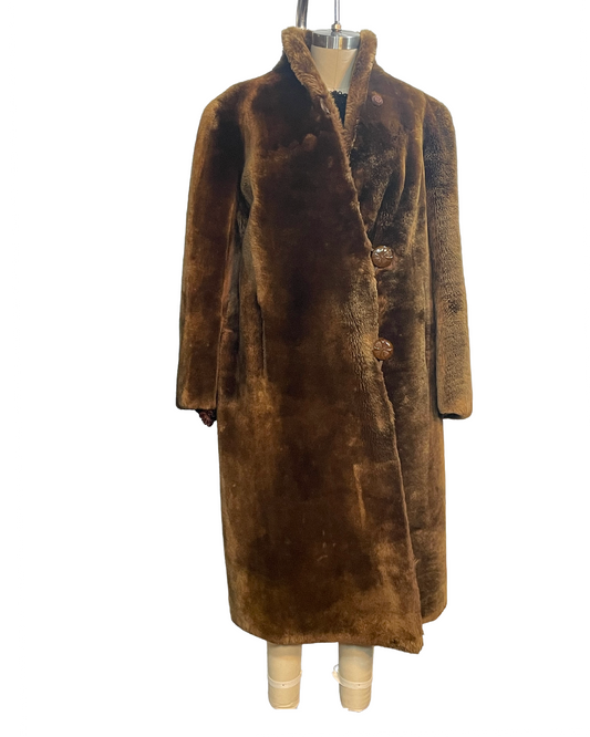 1930s Brown Mouton Dense Pile Satin-Lined Cocoon Coat