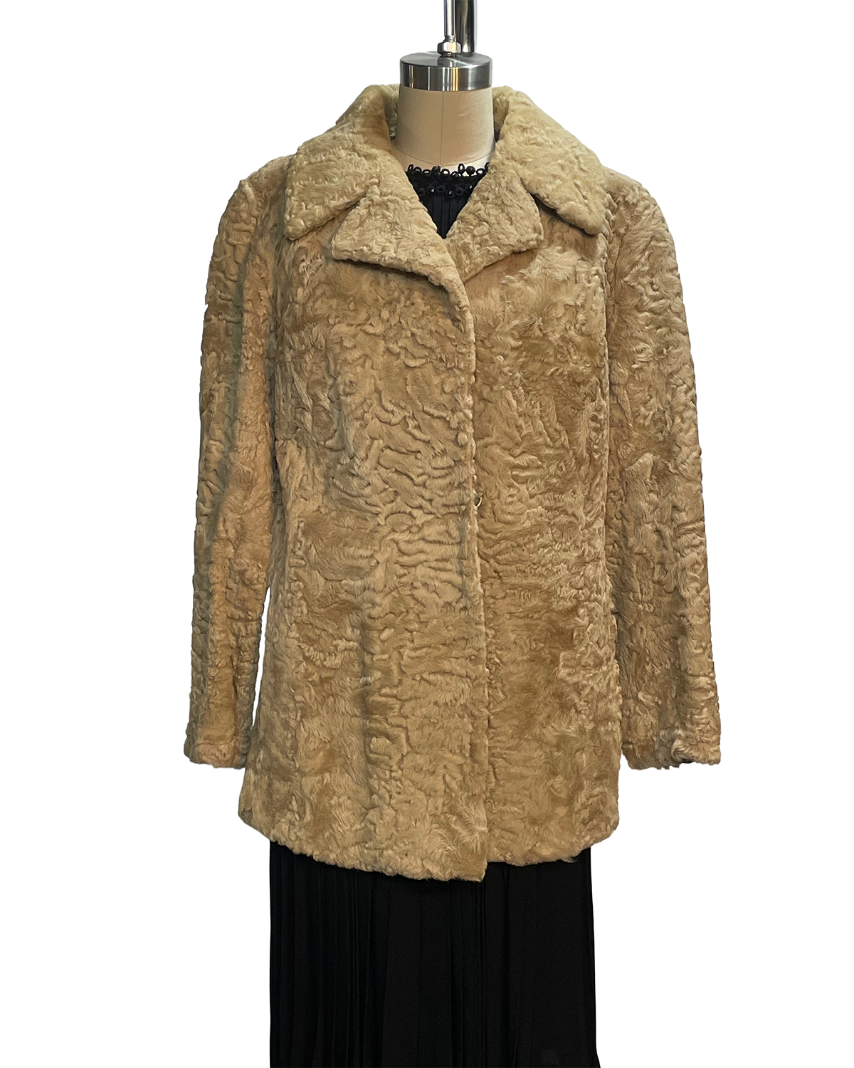 1960s Tan Fur Lamb Satin Lined Swing Coat