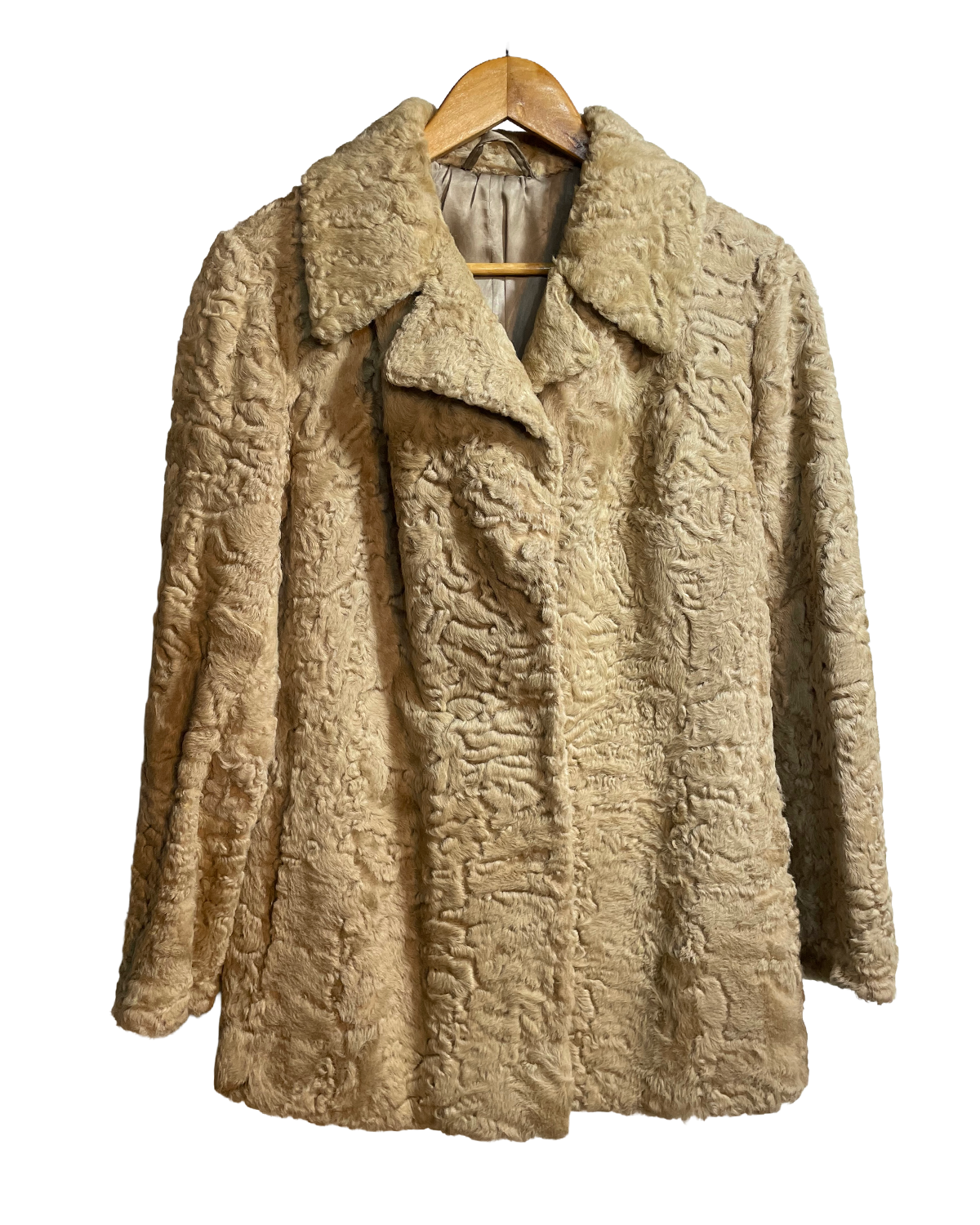 1960s Tan Fur Lamb Satin Lined Swing Coat
