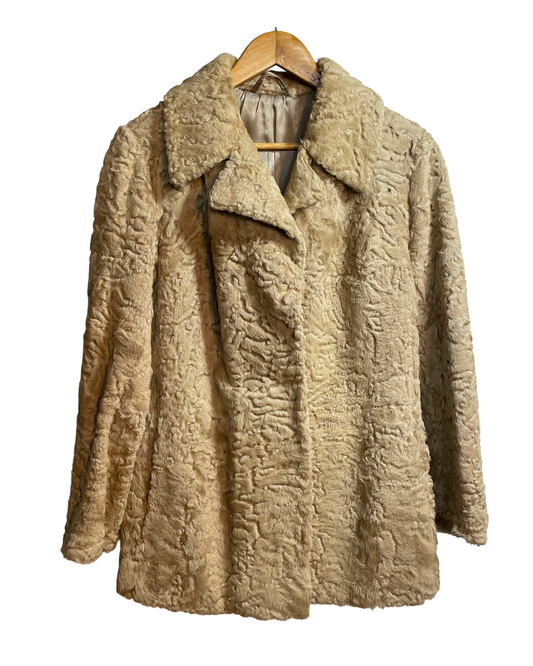 1960s Tan Fur Lamb Satin Lined Swing Coat