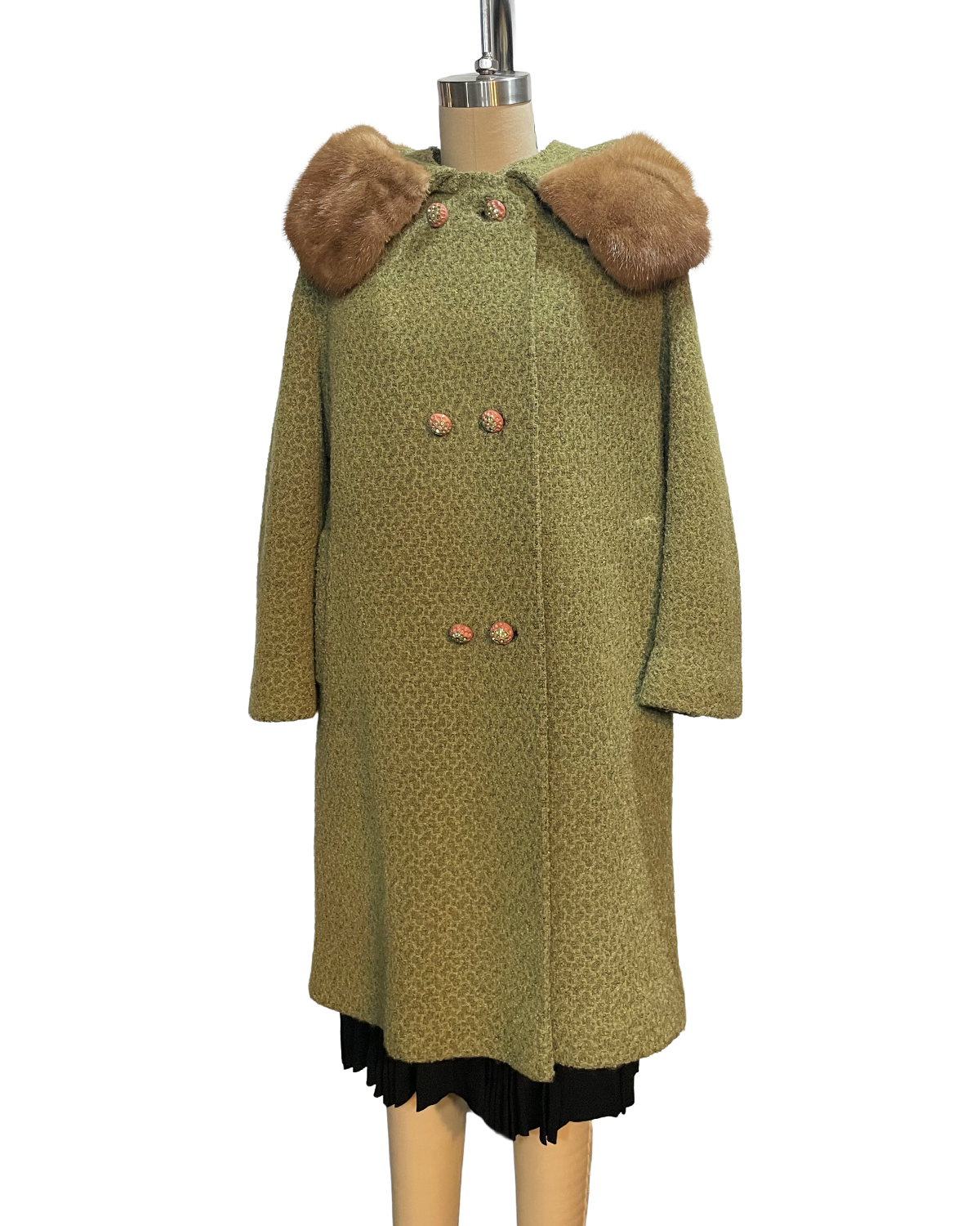 1960s Green Boucle Rhinestone Button Coat