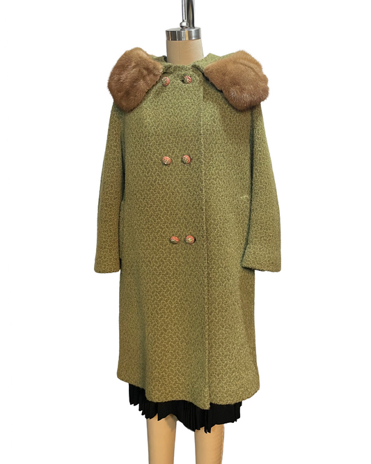 1960s Green Boucle Rhinestone Button Coat